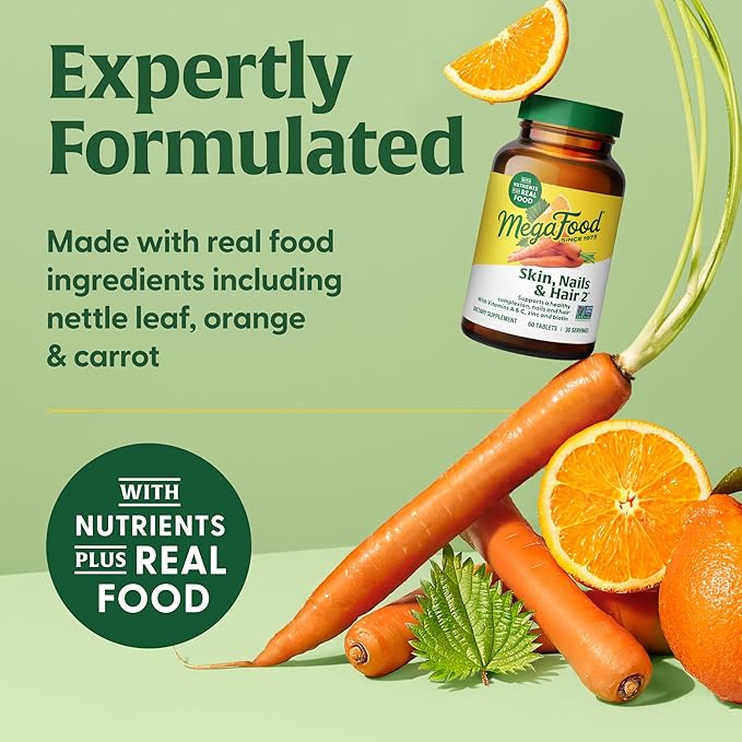 MegaFood Skin, Nails & Hair 2 - for Women & Men - Biotin, Vitamin A, C, Zinc, Vitamin B6, E, Pantothenic Acid - Vegan - Made Without 9 Food Allergens - 60 Tabs (30 Servings)