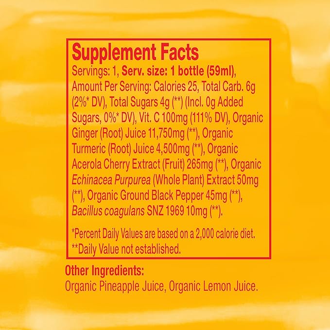 Vive Organic Immune Support Shot, Cold-Pressed Ginger, Turmeric, & Echinacea, Gluten Free, Vegan, Immunity Boost Original, 2 Fl Oz (Pack of 12)