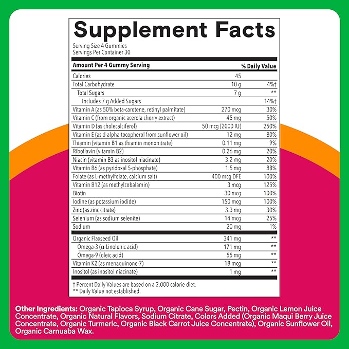 SmartyPants Organic Women's Multivitamin Gummies: Biotin, Methylfolate, Omega 3 (ALA), Vitamin D3, C, Vitamin B12, B6, A, K & Zinc, Inositol, Gluten Free, Vegetarian, 120 Count (30 Day Supply)