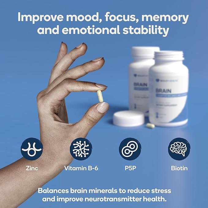 Brain - Balanced Neurotransmitter Support Supplement - Zinc, B6, Biotin for Cognitive Function - 90 Veggie Capsules (Brain)