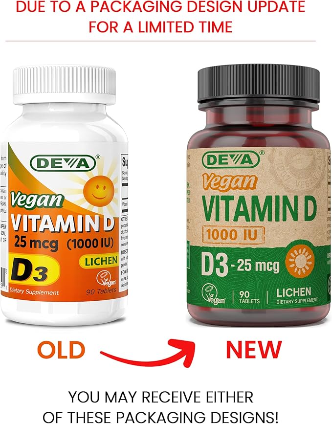 DEVA Vegan Vitamin D3 Supplement - Once-Per-Day Tablet with 1000 IU - Cholecalciferol - Lichen Plant Derived - 90 Small Tablets, 2-Pack
