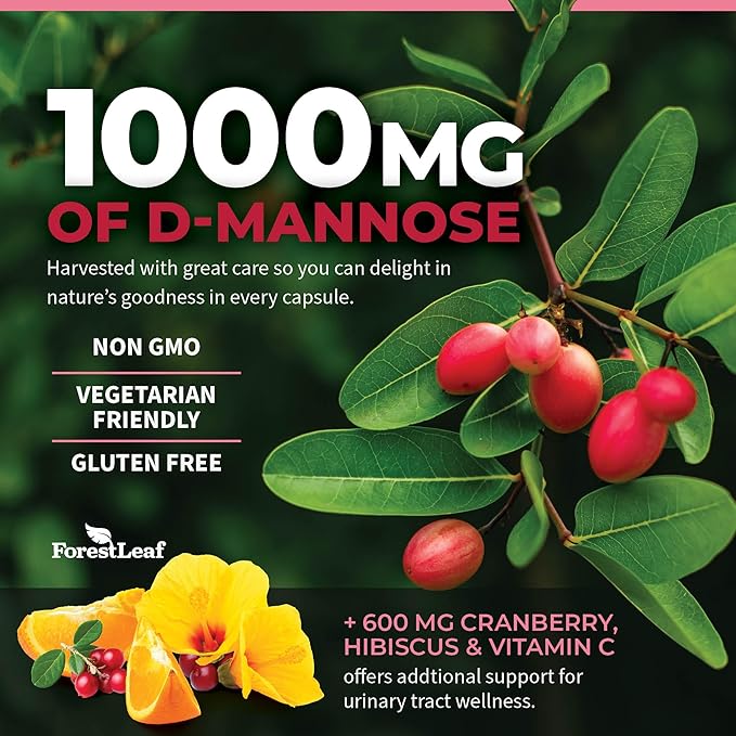 ForestLeaf D Mannose 1000mg Capsules - D-Mannose with Cranberry, Hibiscus & VIT C, Urinary Tract Health for Women and Men, DMannose Pills for UTI, Urinary Health & Bladder Support 120 Capsules