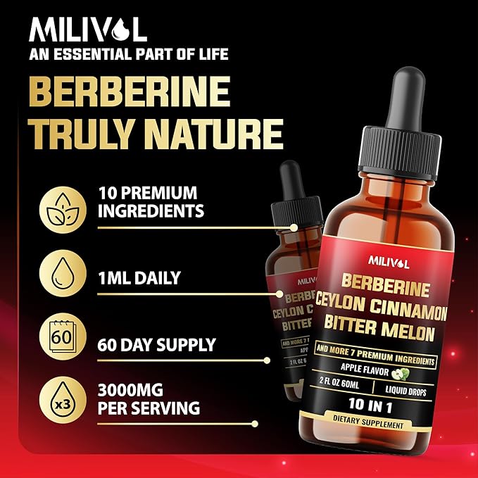 10in1 Liquid Drops Berberine with Ceylon Cinnamon Bitter Melon Turmeric Ginger Gymnema Sylvestre and More - 2 Fl Oz