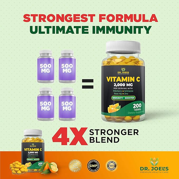 Dr. JOEL'S Immune Support Vitamin C 2000 mg - 200 Tablets - with Zinc, Elderberry, Rose Hip, Echinacea - Boosts Immune System- Made in USA