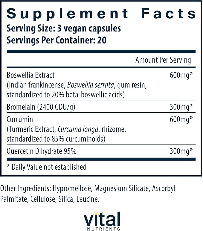 Vital Nutrients BCQ | Vegan Boswellia, Bromelain, Curcumin & Quercetin Supplement | Joint Support Supplement | Supports Sinus & Digestive Health | Gluten, Dairy, Soy Free | 60 Capsules