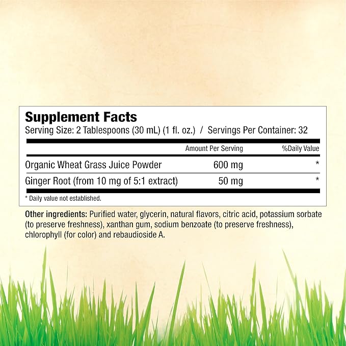 Garden Greens Wheat Grass Liquid with Real Ginger Extract, Nature's Perfect Superfood, 32 servings