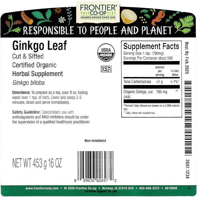 Frontier Co-op Organic Ginkgo Leaf, 1lb Bulk Bag, Cut and Sifted | Dried Ginkgo Biloba Leaf | Ideal for Tea and Herbal Uses, Kosher