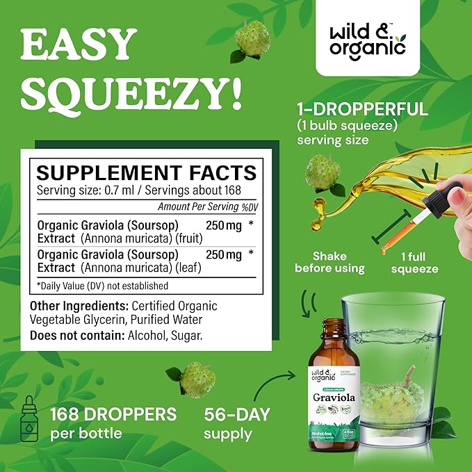 Wild & Organic Graviola Soursop Multivitamin Drops - 500 mg Guanabana Fruit & Soursop Leaves for Antioxidant Support - Vegan, Sugar & Alcohol-Free Tincture - 4 fl oz