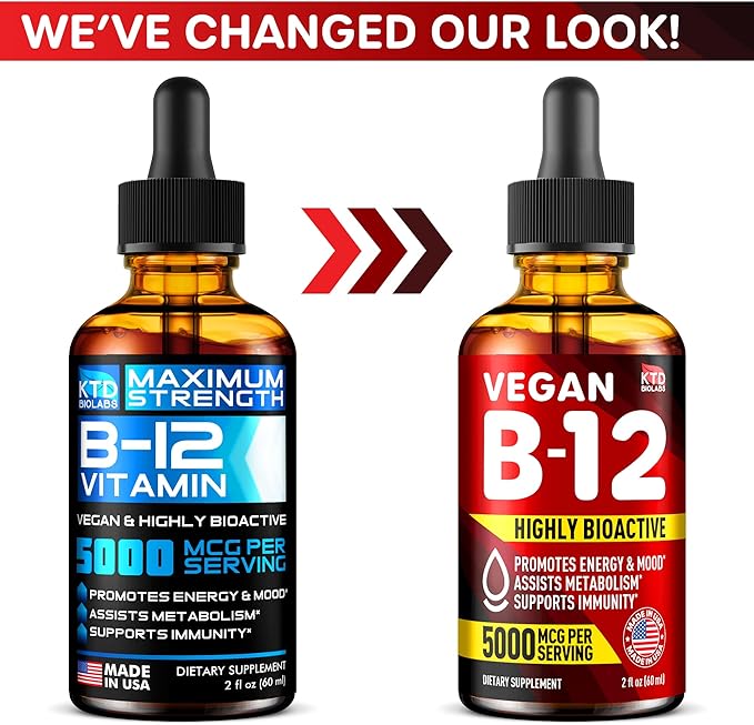 B12 Sublingual 5000 mcg Drops - Made in USA - Vegan B12 Vitamins for Energy, Mood & Memory - Highly Bioavailable Sublingual Drops - Methylcobalamin for Women & Men - 2 fl. oz.