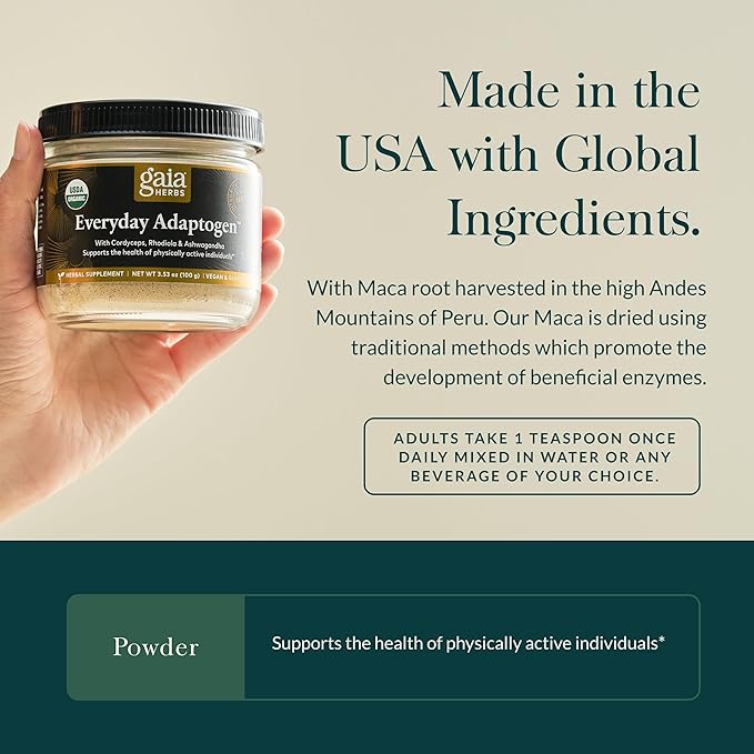 Gaia Herbs Everyday Adaptogen Powder - Helps Provide Energy Support & Maintain Healthy Stress Levels in Physically Active - with Maca Root, Cordyceps, Ashwagandha & More - 3.5 Oz (38-Day Supply)