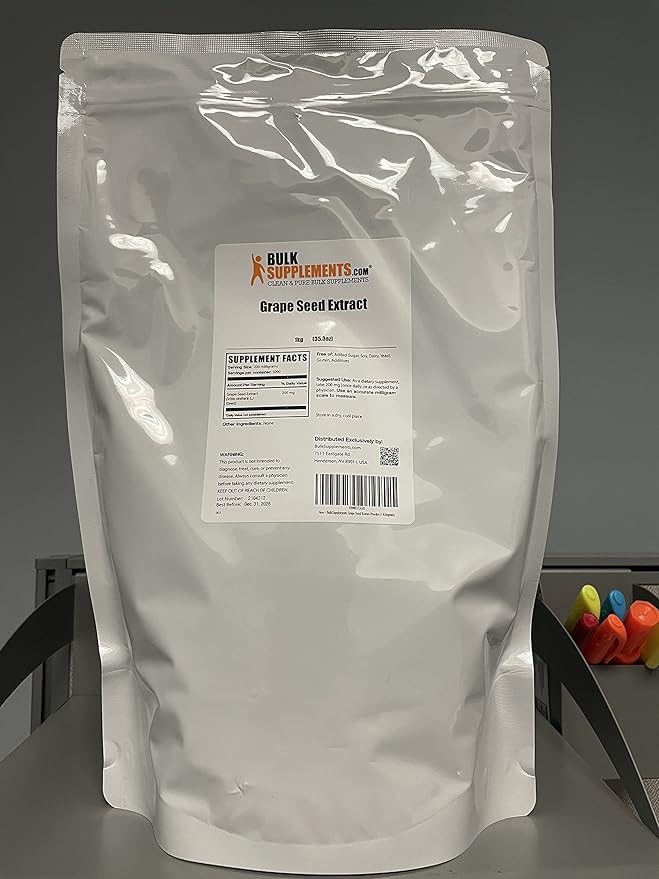 BulkSupplements.com Grape Seed Extract Powder - Grape Seed Extract Supplement, Antioxidant Source - Herbal Supplement, Gluten Free, 200mg per Serving, 1kg (2.2 lbs) (Pack of 1)