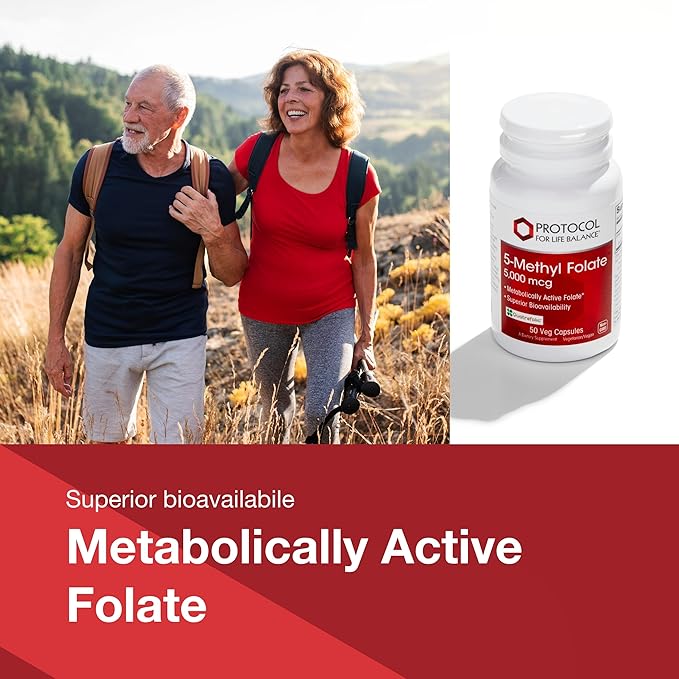 PROTOCOL FOR LIFE BALANCE 5-Methylfolate 5,000mcg - Superior Methyl Folate Bioavailability - for Brain Support - Folate Supplement for Women & Men - Kosher & Vegan - 50 Veg Caps