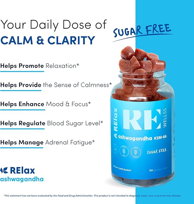 Ashwagandha & Vitamin D Gummies | Dietary Supplements | KSM 66 Ashwagandha for Calmness Support 300mg | L-Theanine Lemon Balm | Natural Herbal Non-GMO Sugar Free Gluten Gelatin Free | 1 Pack