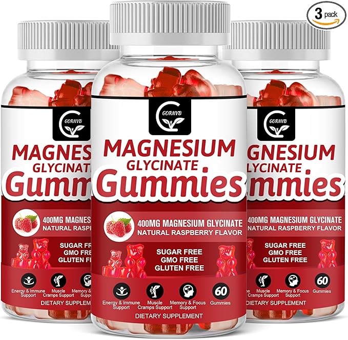 Magnesium Glycinate Gummies 400mg, Mg Potassium Supplement with Chelated Magnesium Malate Complex, Vitamin D, B6, and CoQ10, Supports for Memory, Calm, Mood & Sleep - 60 Count (Pack of 3)