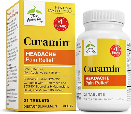 Terry Naturally Curamin Headache - Dietary Supplement with DLPA & Boswellia - Enhanced Absorption Curcumin to Support Headache Relief - Gluten-Free & Non-GMO Relaxation Supplement - 21 Tablets