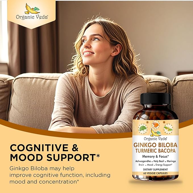 Organic Veda Ginkgo Biloba Turmeric Bacopa Brain Supplement for Memory, Mood & Focus with Ashwagandha - Concentration, Energy & Brain Booster, Healthy Joints & Circulation Support - 60 Vegan Capsule
