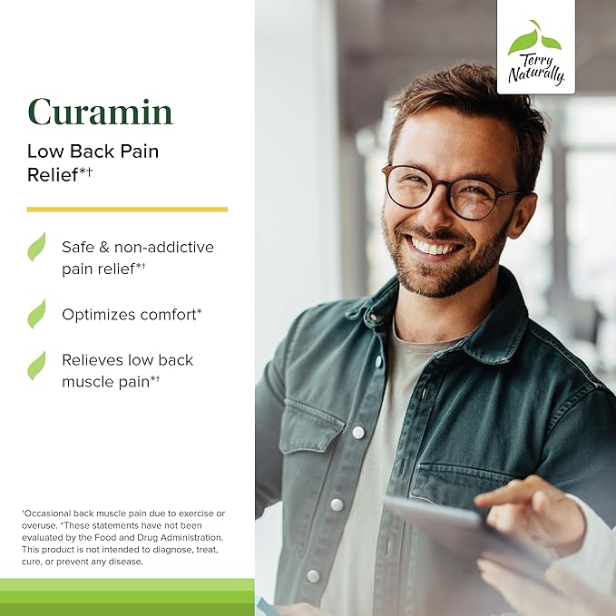 Terry Naturally Curamin Low Back Pain Relief - DLPA & Curcumin Supplement for Relief Support - Enhanced Absorption Curcumin Formula - Herbal Supplement with White Willow & Boswellia - 60 Capsules