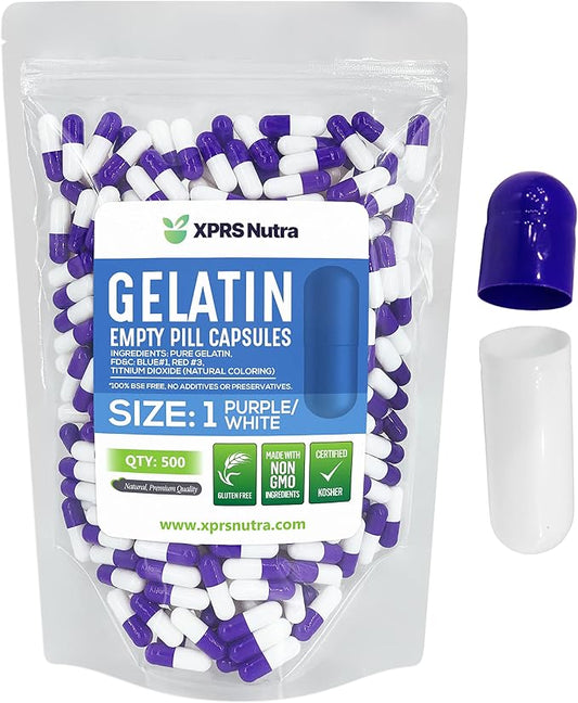 XPRS Nutra Size 1 Empty Capsules - 500 Count Empty Gelatin Capsules - Pill DIY Capsule Filling - Pure Bovine Pill Gel Caps for Do-It-Yourself Supplements (Purple/White)