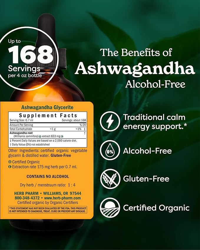 USDA Organic Ashwagandha Supplement for Stress Relief & Calm Energy*: Vegan Adaptogen Drops, Non-GMO Ashwagandha Extract, Alcohol-Free, 4 Oz | Up to 3 Months Supply