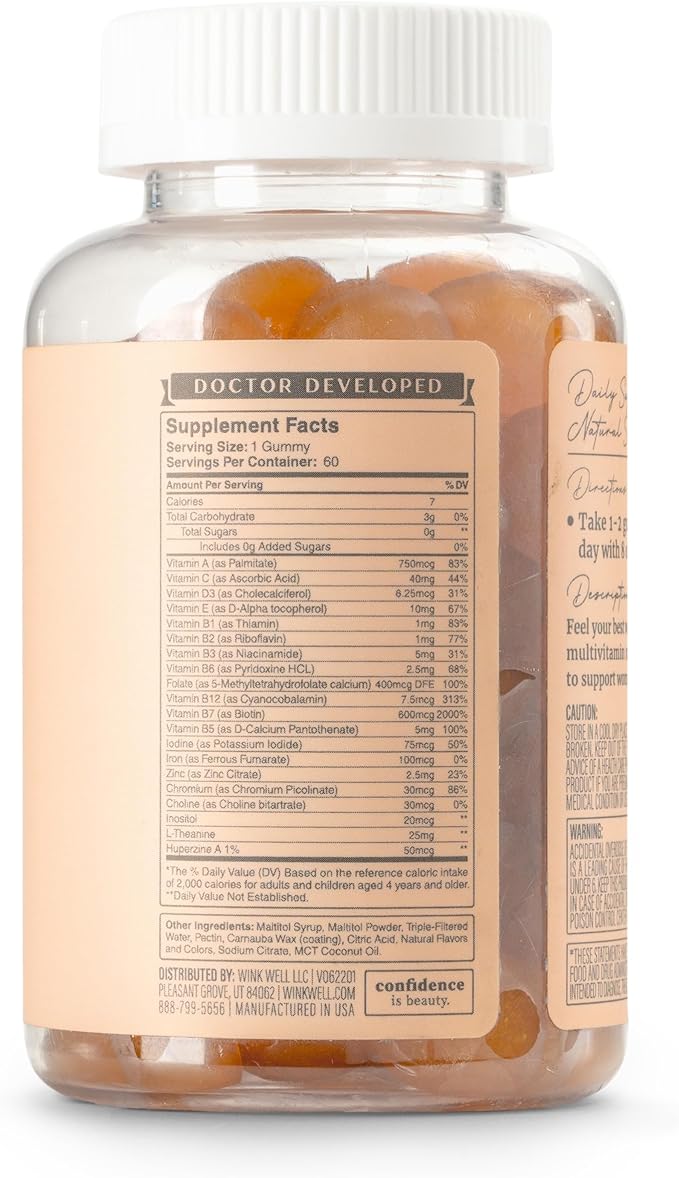 Wink Well Women's Daily Complete Multivitamin Gummy for Glowing Skin, Full Hair and Strong Nails with Immune System Support, 60 Count