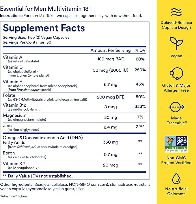 Ritual Multivitamin for Men 18+ with Zinc, Vitamin A and D3 for Immune Function Support*, Omega-3 DHA, B12, K2, Gluten Free, Non-GMO, Vegan, Mint Essenced, 30 Day Supply