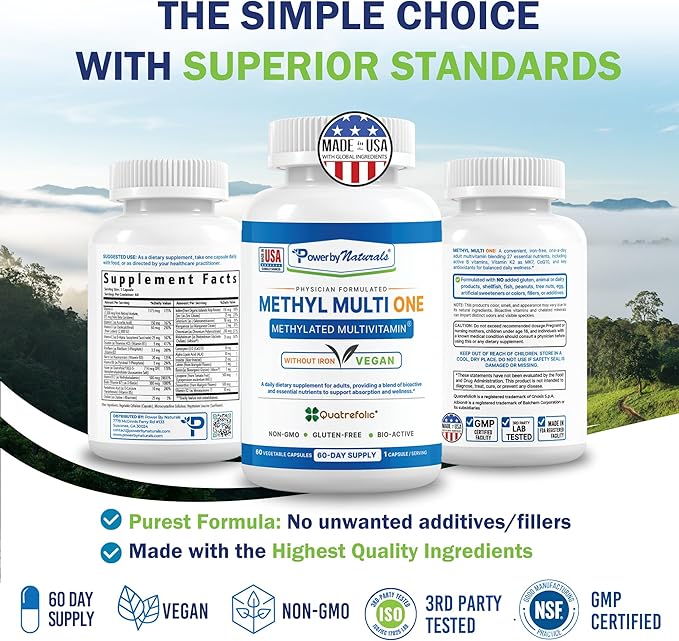 Power By Naturals Methyl Multi One – Iron-Free Methylated Multivitamin for Men & Women with B12 Methylcobalamin, P5P, Folate (5-MTHF), CoQ10 & Zinc for Energy & MTHFR Support, 60 Capsules (2-PK)