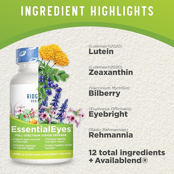 Ridgecrest Herbals EssentialEyes, Natural Eye Vitamin Supplements, Contains Lutein, Zeaxanthin, Bilberry Extract, Supports Eye and Vision Health (120 Vegan Caps, 30 Serv)