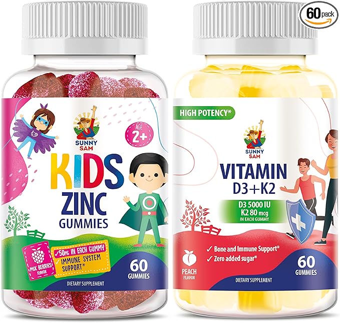 SUNNY SAM Vitamin D3 K2 Gummies 5000 IU - Immune & Bone Support - Sugar-Free & Zinc Gummies for Kids & Adults