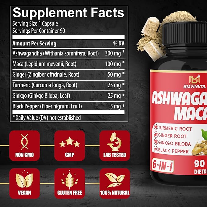 Ashwagandha Maca Root with Turmeric, Ginger, Ginkgo Biloba, Black Pepper - 90 Count - 3 Month Supply