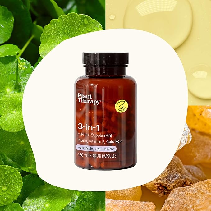 Plant Therapy 3-in-1 Biotin Capsules with Vitamin E & Gotu Kola Manufactured in USA 4 Month Supply Supports Radiant Skin, Hair Growth and Strong Nails Supplements for Women 120 Vegetarian Capsule