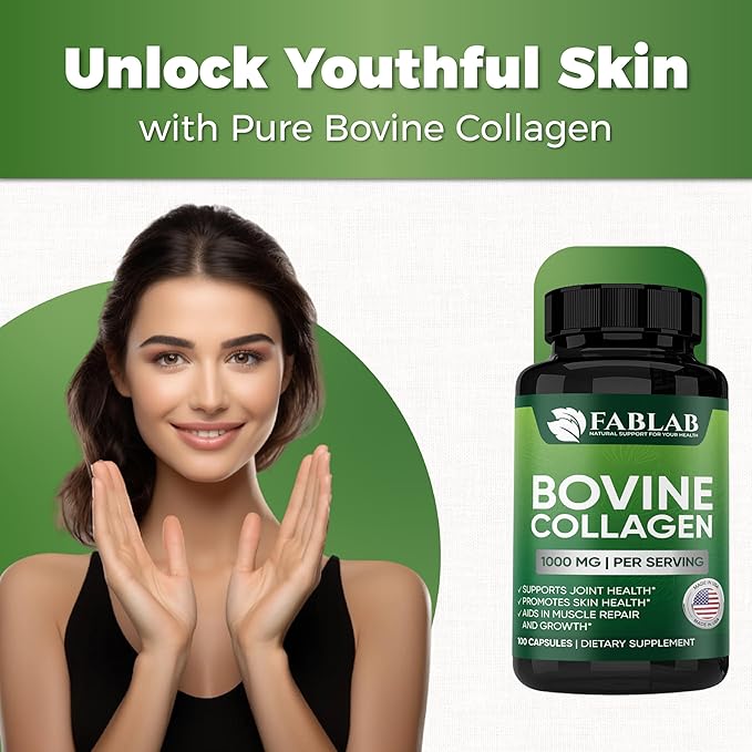 FabLab Bovine Collagen Type I Supplement - Nutritional Supplement for Joint, Nerve & Bone Support - Non-GMO, Anti-Aging Dietary Product with Hydrolyzed Peptides - 100 Capsules
