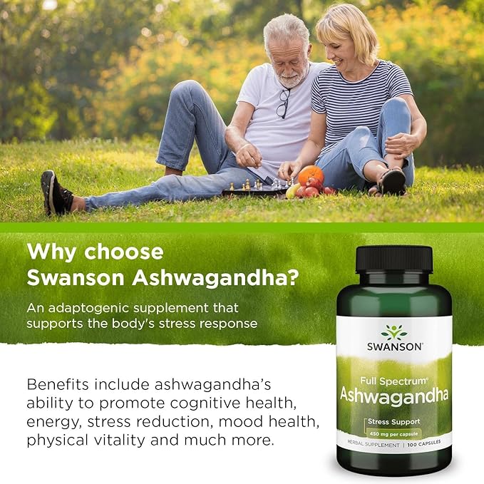 Swanson Ashwagandha Powder Supplement-Ashwagandha Root & Aerial Parts Supplement Promoting Stress Relief & Energy Support-Ayurvedic Supplement for Natural Wellness (100 Capsules, 450mg Each)