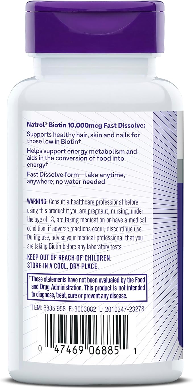 Natrol Beauty Biotin 10000mcg, Dietary Supplement for Healthy Hair, Skin, Nails and Energy Metabolism, 60 Strawberry-Flavored Fast Dissolve Tablets, 60 Day Supply (Pack of 12)