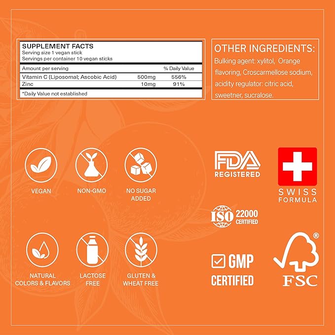 Vitamin C Liposomal (500mg) & Zinc |Enhance Travel Energy, Vitality & Immunity | Combat Travel Fatigue & Oxidative Stress | Advanced Absorption Technology | Fast-Acting | 30 Sticks