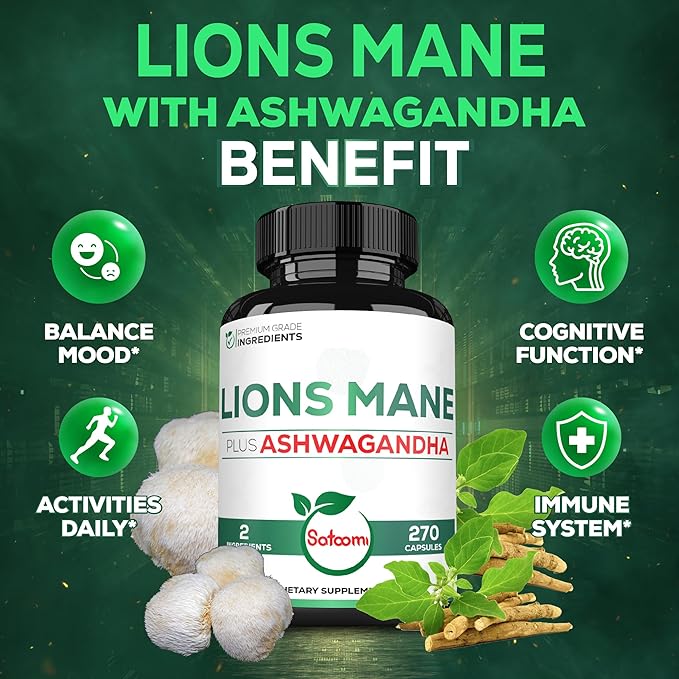 Satoomi Lions Mane Supplement Capsules with Ashwagandha Supplement - 270 Capsules - High Concentrated for Restful Mind, Brain Health, Immune System & Focus Support - Gluten-Free, Non-GMO