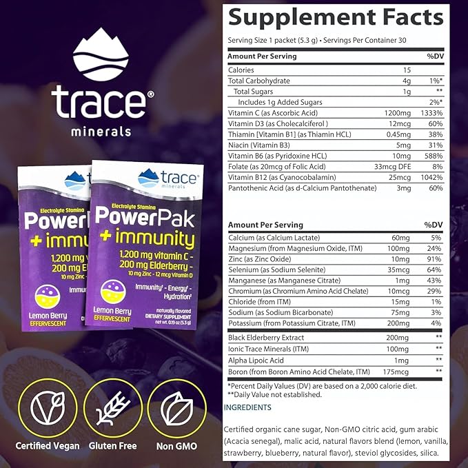 Trace Minerals | Power Pak Electrolyte + Immunity Boost Drink Packets | 1200 mg Vitamin C, Elderberry, Zinc, D3, B6, B12 | Immunity, Hydration, & Energy Support | Fizzy Lemon Berry | 60 Packets