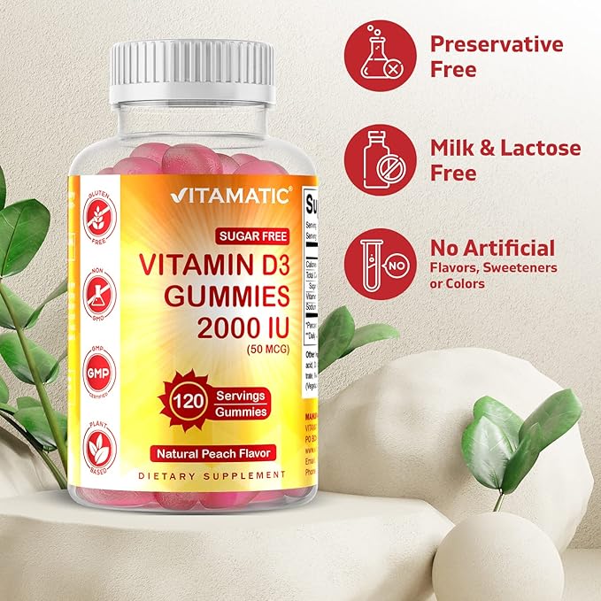 Vitamatic Sugar Free Vitamin D3 2000 IU - 120 Pectin Based Gummies - Great Taste - Healthy Bones, Mood & Immune System Function - Non-GMO - 120 Servings