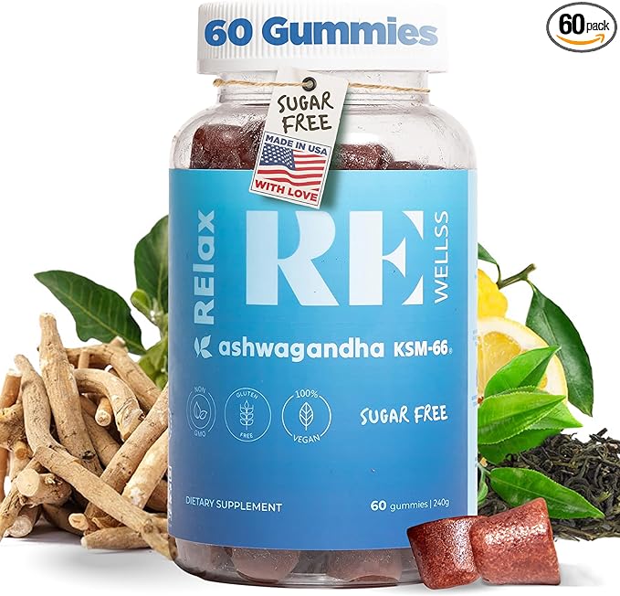 Ashwagandha & Vitamin D Gummies | Dietary Supplements | KSM 66 Ashwagandha for Calmness Support 300mg | L-Theanine Lemon Balm | Natural Herbal Non-GMO Sugar Free Gluten Gelatin Free | 1 Pack