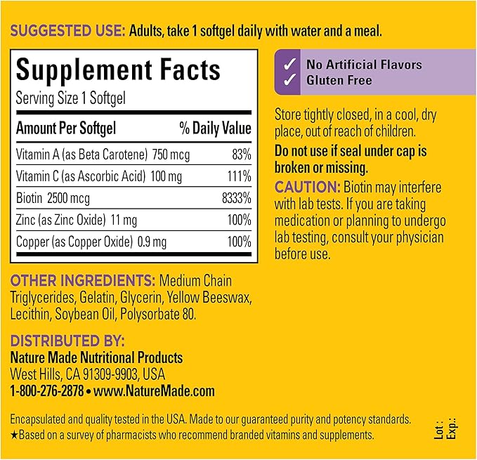 Nature Made Hair Skin and Nails with Biotin 2500 mcg, Dietary Supplement For Healthy Hair Skin and Nails Support, 120 Softgels, 120 Day Supply