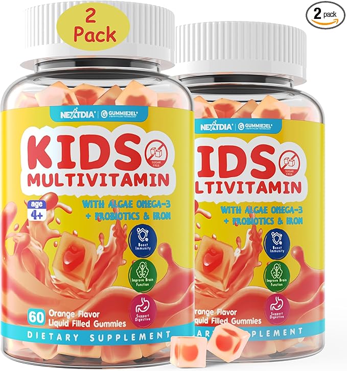 Sugar Free Kids Multivitamin Gummies with Iron, Probiotics, Vegan Omega 3 (EPA/DHA), Kids Daily Vitamins A, C, D, B Complex, Zinc for Healthy Growth, Immune, Brain, Bone, Orange Flavor, 120 Counts