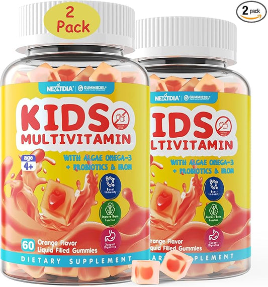 Sugar Free Kids Multivitamin Gummies with Iron, Probiotics, Vegan Omega 3 (EPA/DHA), Kids Daily Vitamins A, C, D, B Complex, Zinc for Healthy Growth, Immune, Brain, Bone, Orange Flavor, 120 Counts