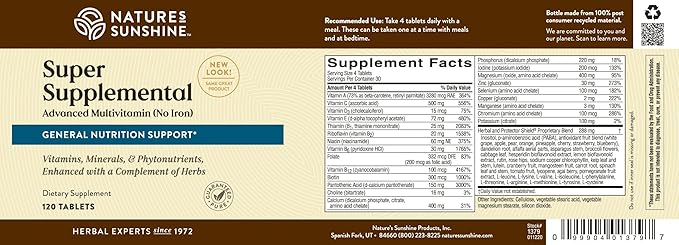 Nature's Sunshine Super Supplemental w/o Iron: Complete Multivitamin with Minerals, Antioxidants & More for Nutritional Gaps, Overall Health, Immune & Energy Support. 120 Tabs