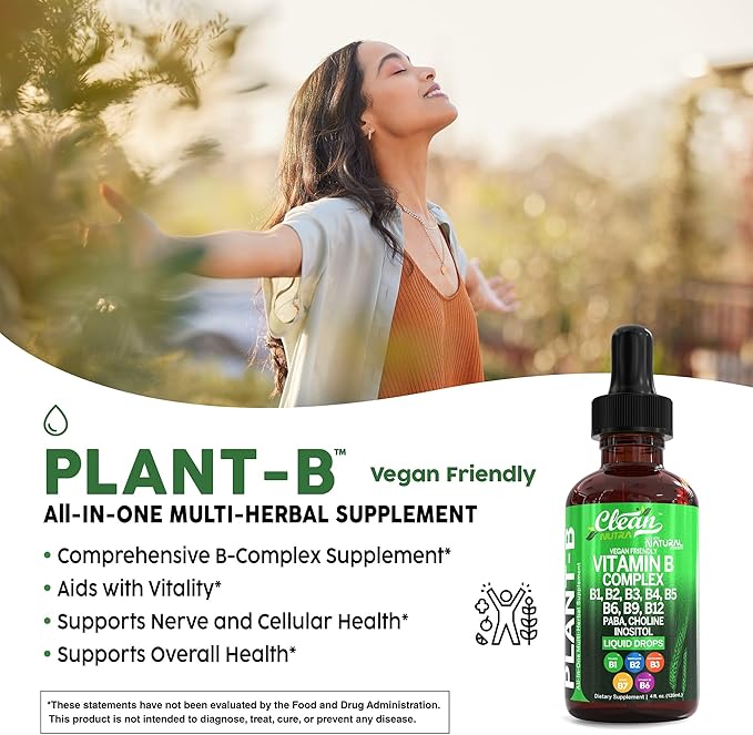 Vitamin B Complex Liquid Drops | Thiamine B1, B6, B2, B3, B4, B5, B7 B9, B12, Niacinamide, Paba, Choline Inositol Taurine Probiotics Beet Root Spirulina - Plant-B Vitamin Supplements by Clean Nutra