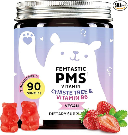 PMS Support Supplement for Women. Menstrual Relief Gummies to Target Hormonal Breakouts, Bloating, Period Cramps, & Mood Swings. Vegan, with Vitamin B6 & Lemon Balm, 90 Gummies