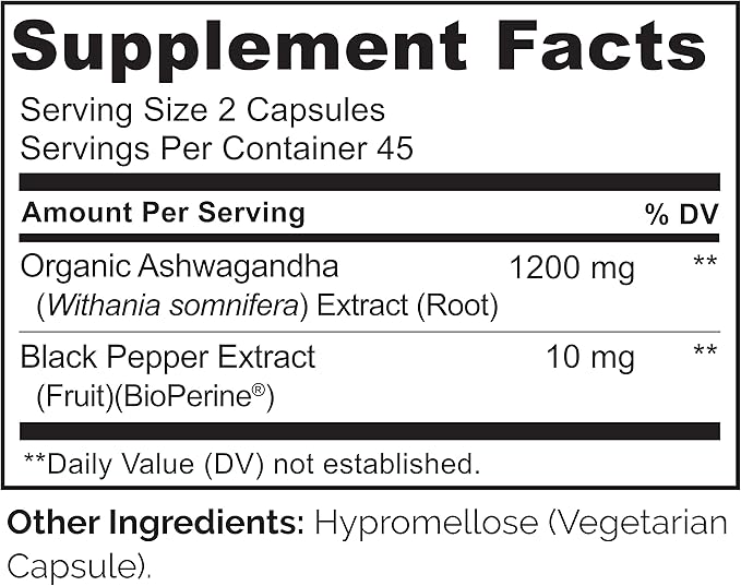 NATURELO Ashwagandha Organic Root Powder - Natural Herbs Supplement for Fatigue, Stress Relief, Mood Enhancer - with Black Pepper Extract - 90 Vegan Capsules