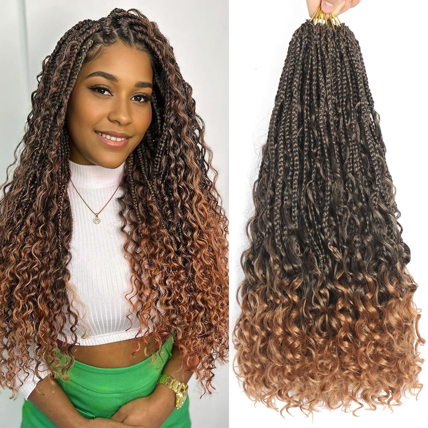 Goddess Box Braids Crochet Hair 18 Inch Crochet Box Braids Curly Ends 7 Packs Ombre Brown Bohomian Box Braids Crochet Hair Pre-looped Boho Box Braids Crochet Hair Goddess Box Braids