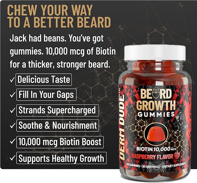 Derm Dude Beard Growth Gummies for Men | Packed With Biotin 10K MCG for Healthier, Thicker, Fuller & Stronger Facial Hair | Restore Hair Breakage & Thinning | Berry Flavored | 60 Gummies 30-Day Supply