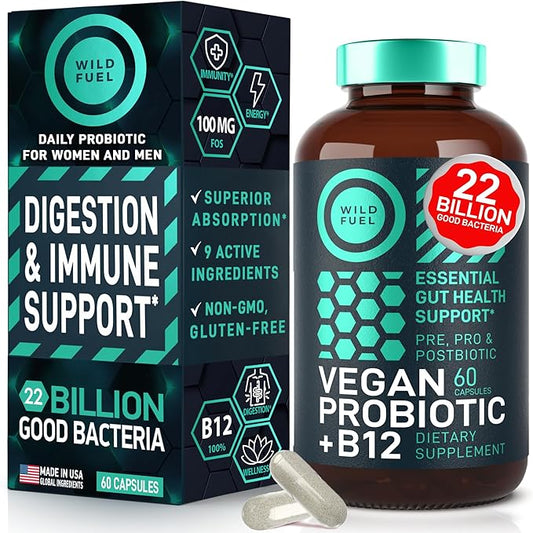 Vegan Probiotic Plus B12-22 Billion CFU Synbiotics Prebiotics and Probiotics for Digestive Health, IBS, Mood Support - B12 with FOS Pre Pro Post Biotics for Women & Men - 60 Gluten-Free Capsules
