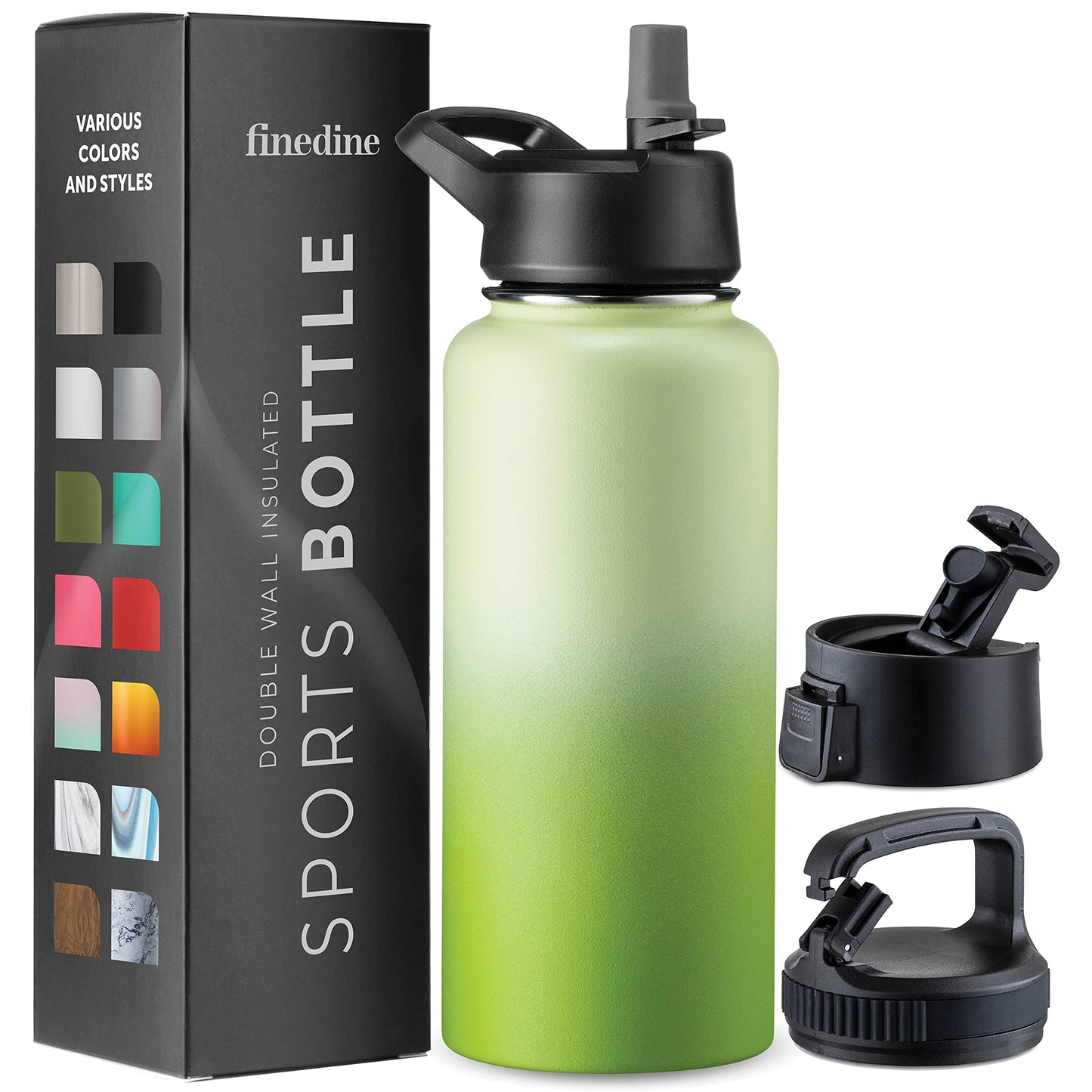 FineDine Triple Walled, Insulated Water Bottles with Straw - 32 Oz Stainless Steel Metal Bottle W/ 3 Leak Proof Lids - For Travel, School, Sports, Gym / Men, Women & Kids - Dreamy Green