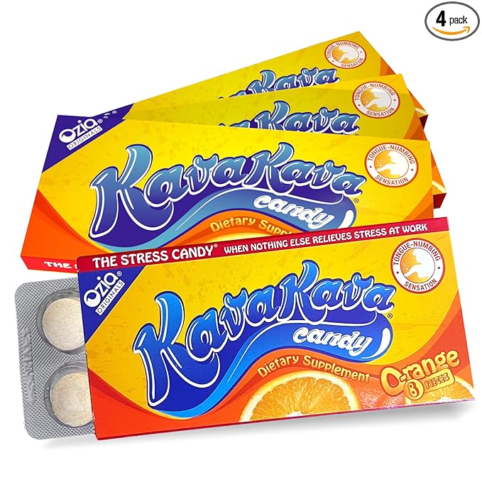 Ozia Originals Kava Kava Candy - 8 Kava Candies Per Pack, Kava Extract Stress Relief Supplement, Natural Kava Root Chill Happy Pill, Encourages Positive Mood - Orange Flavor, 4 Packs